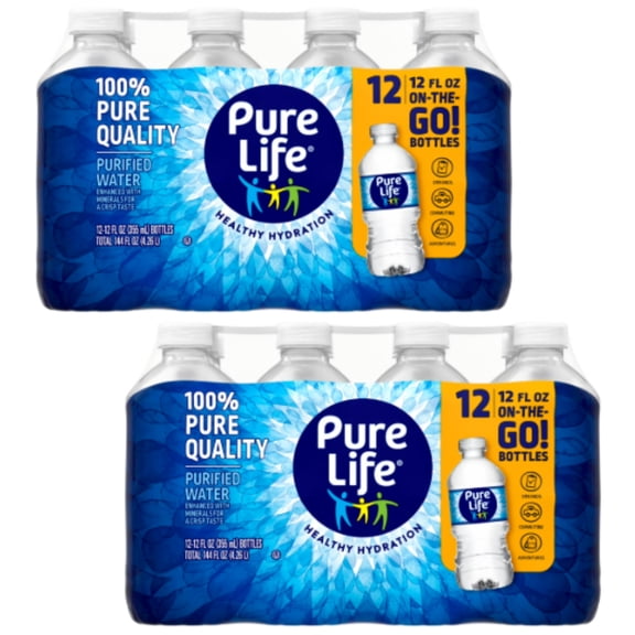(2 Pack) Pure Life Purified Water, 12 Fl Oz, 12-Pack Plastic Bottles