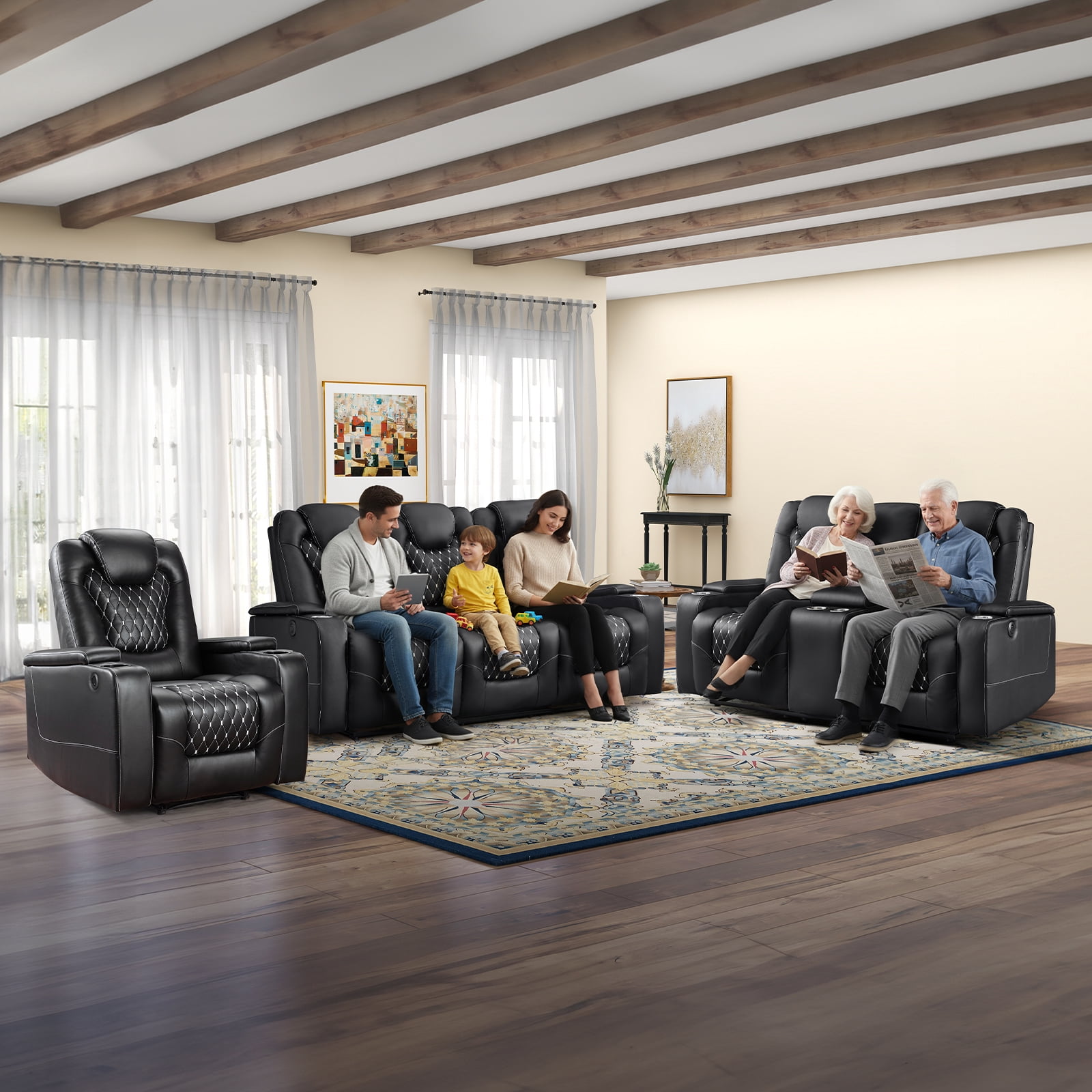 Bonzy Home Electric Power Recliner Chairs Sofa Set Theater Seating with Console Living Room Furniture Set, Cup Holders, Hidden Arm Storage, USB Ports Black