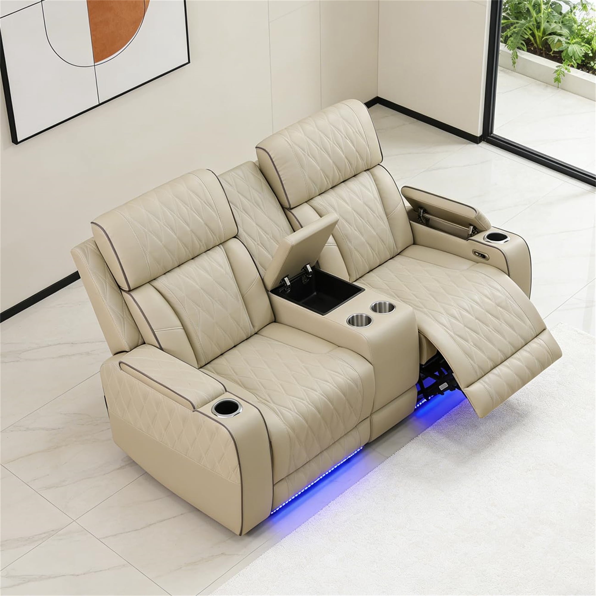 Aukfa Power Recliner Loveseat RV Sofa with USB, Cup Holders & LED Lighting, Storage Console, Home Theater Seating for Living Room, PU Leather, Beige