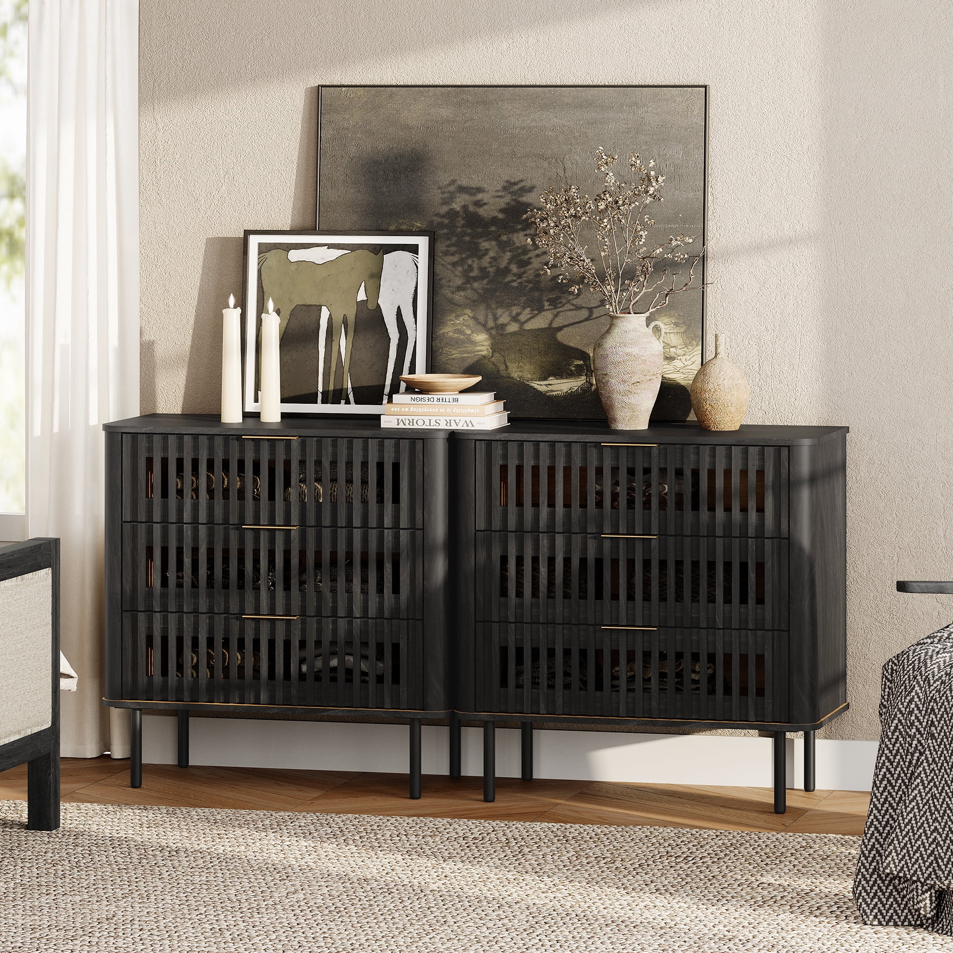 63"W Sideboard Buffet Cabinet with Storage, Fluted Kitchen Buffet Storage Cabinet with 6 Drawer, Large Coffee Bar Cabinet, Modern Buffet Table for Dining Living Room, Black