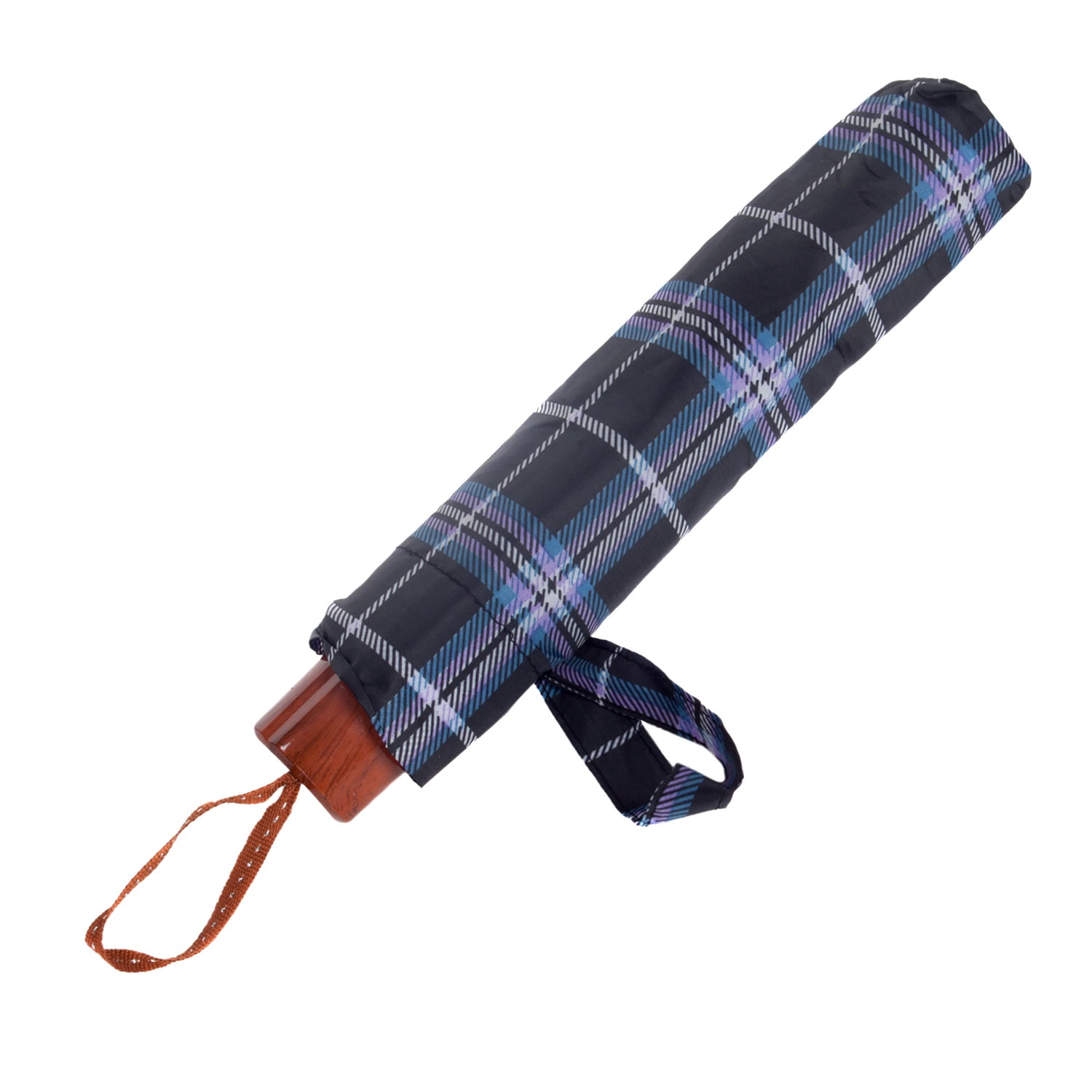 Plaid Lightweight Compact Travel Sized Windproof Nylon Umbrella With Easy Open Button