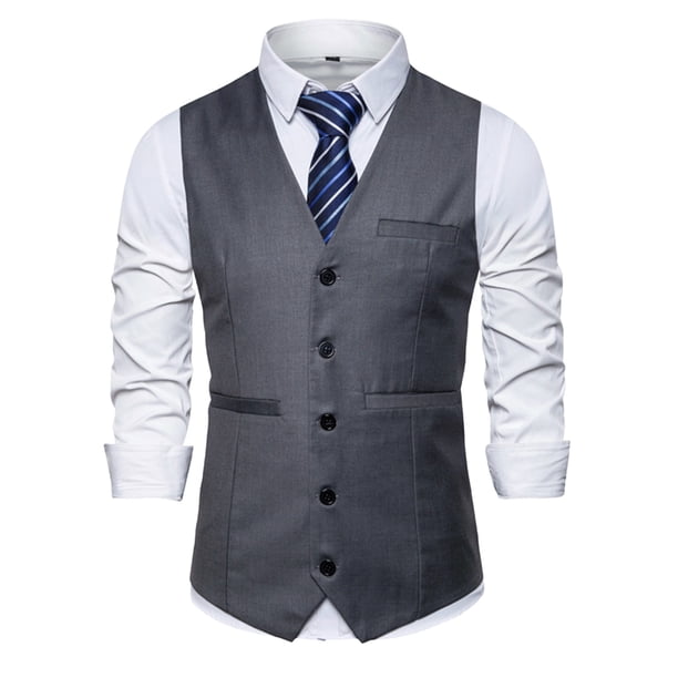 Chaqueta de Traje de Ocio de Bolsillo sin Cuello en V de Color Sólido sin Mangas, Trajes de Hombre de Ajuste Delgado para el Uso Formal Informal