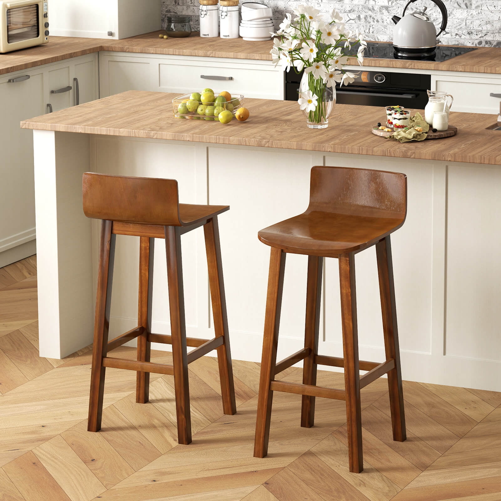 Costway 29" Wood Bar Stools Set of 4 with Solid Back & Seat Mid Century Bar Chairs