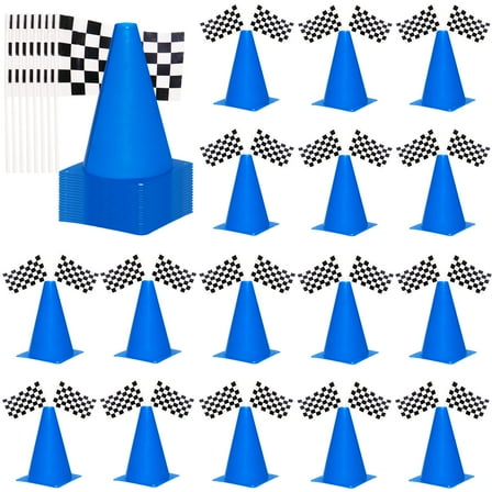 OJYUDD Race Cones and Checkered Flags Party Decoration Kit, Blue, 40 Pieces