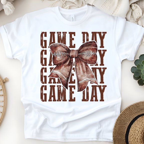 Game Day Football Bow T-Shirt | Cute Sporty Women’s Tee, White, Size S