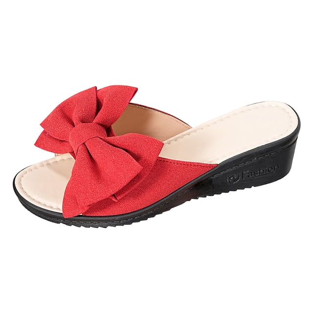 Sandales Compensées à Nœud pour Femme Été Élégantes Claquettes Chaussures de Marche Bout Ouvert Largeur Grand Décontractées Légères Pantoufles Rouges Taille 6
