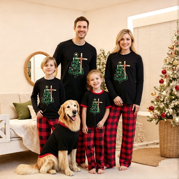 AIGUR Family Matching Christmas Pajamas with Dog Matching Outfit, Christmas Tree Cross Print Long Sleeve Shirts Red Black Buffalo Plaid Elastic Pants Holiday Loungewear PJs for Men Women