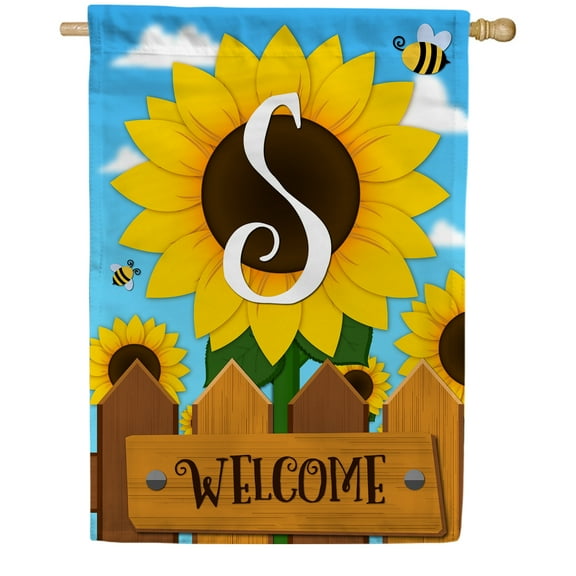 America Forever Spring Monogram House Flag Letter S 28 X 40 inches Double Sided Vertical Outdoor, Yard, Lawn, Beautiful Bright Sunlowers, Floral Design, Honeybee, Summer Welcome House Flag