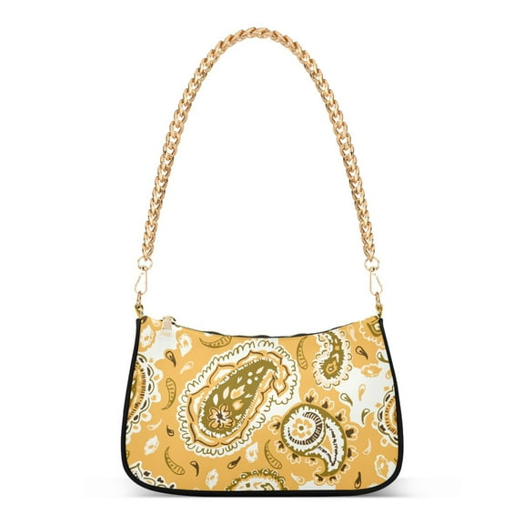 Boho Ethnic Paisley on Yellow Pattern Womens Chain Shoulder Bag Tote Handbag Clutch Hobo Purse with Zipper for Travel Casual