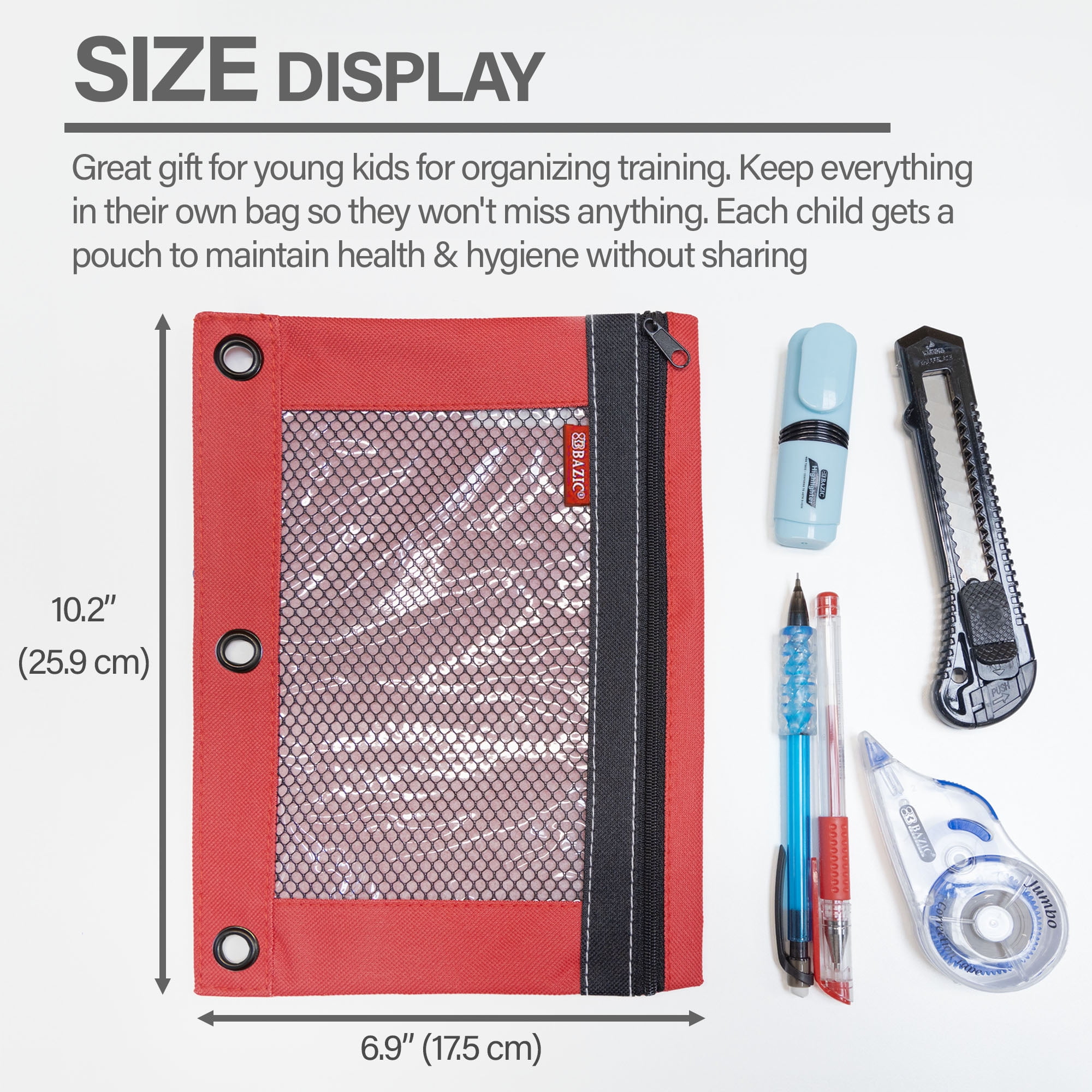 BAZIC 3 Ring Pencil Pouch, Mesh Window, Assorted Color, 4-Pack
