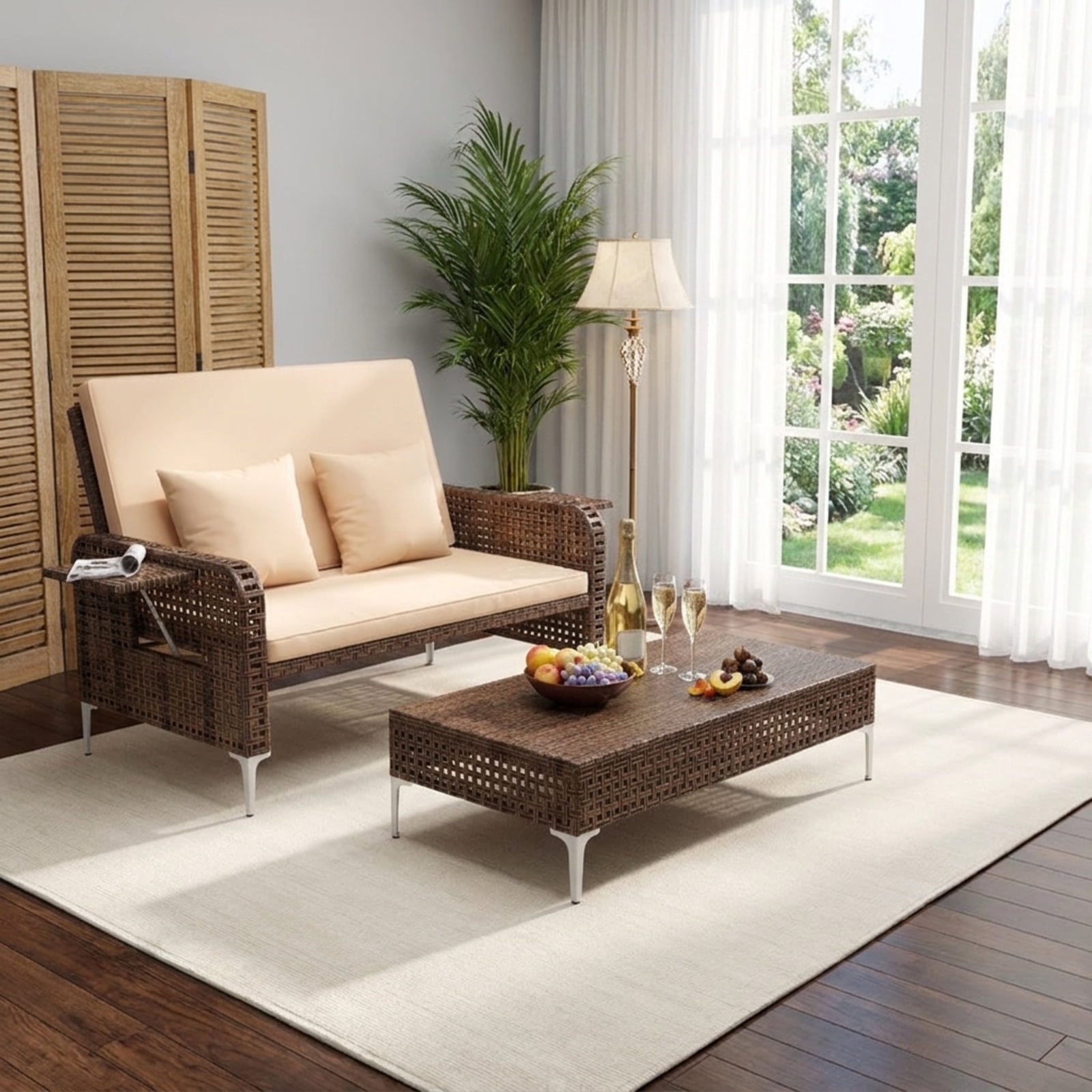 Furnibear 2 Piece Patio Rattan Daybed Outdoor Wicker Loveseat and Ottoman Set with Adjustable Backrest and Cushions for Garden Poolside Backyard, Brown