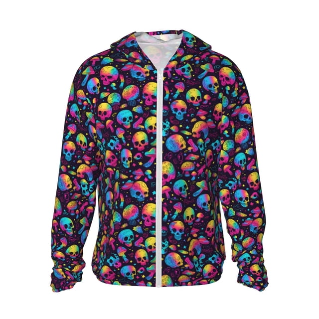 Balery Skull rainbow color mushroom Sudadera ligera de manga larga con capucha y protección solar UPF 50+ para hombre y mujer, ideal para pesca y running-Medium