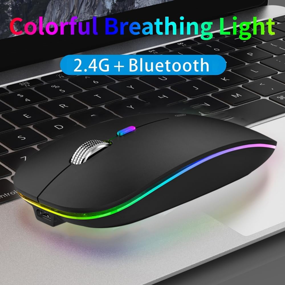 LED Wireless Mouse, G12 Slim Rechargeable Silent 2.4G Portable USB Optical Computer Mice with Receiver and Type C Adapter (Matte Black)