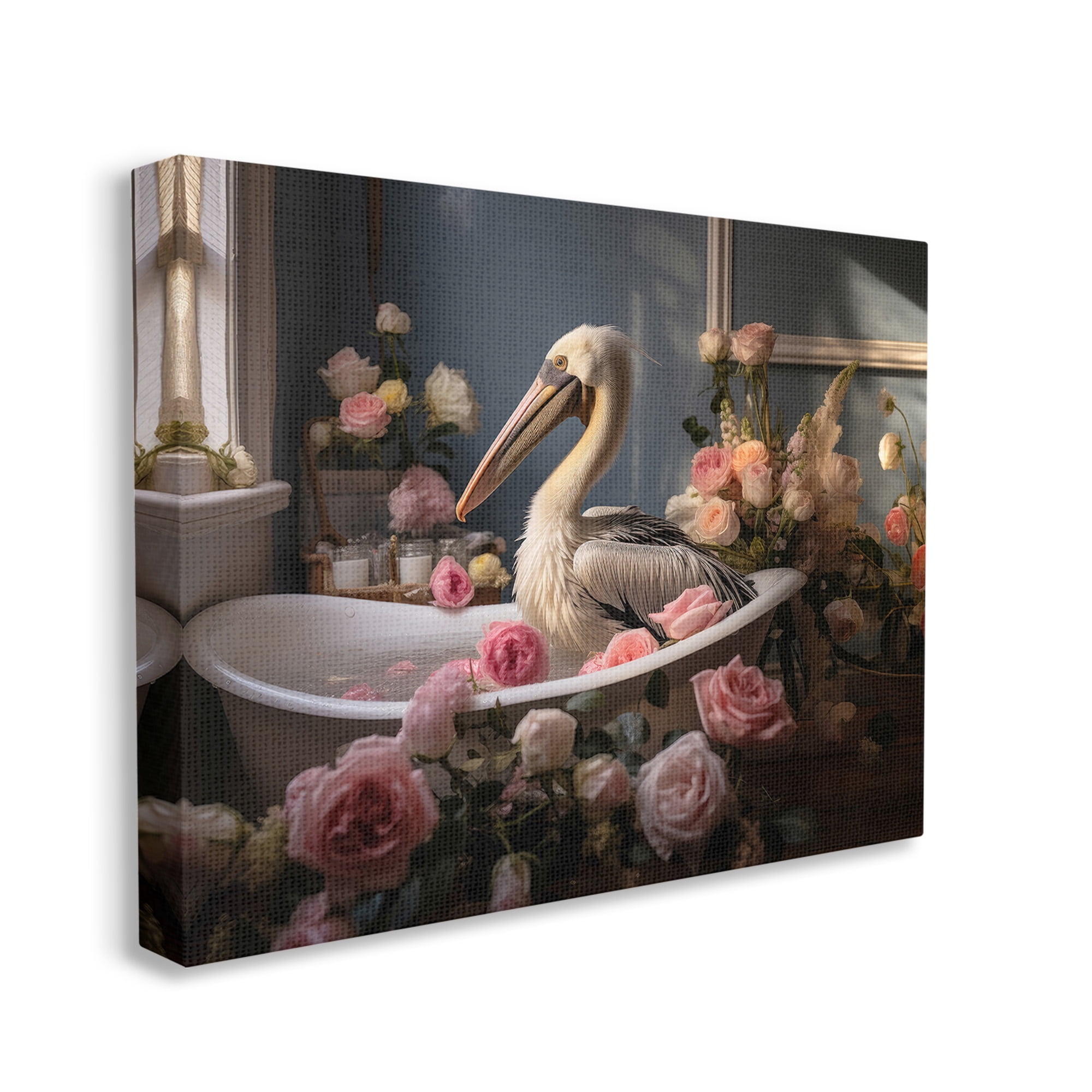 Stupell Industries Pelican in Rose Filled Tub Animals & Insects Painting Gallery Wrapped Canvas Art Print Wall Art, 40 x 30