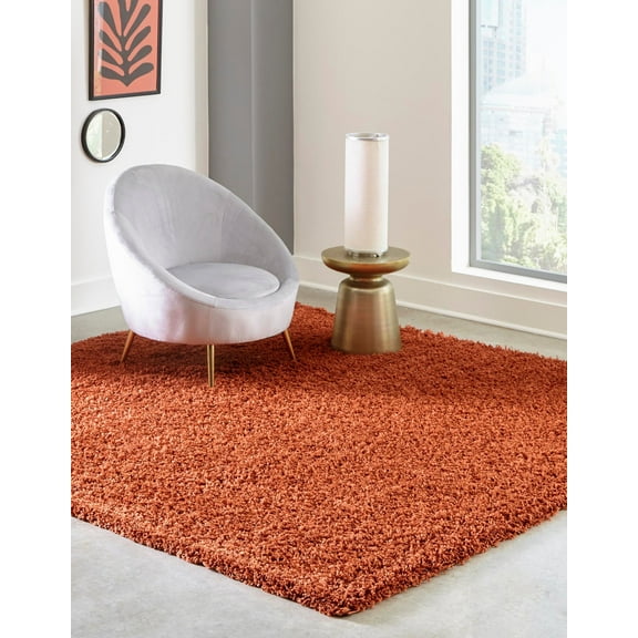 Rugs.com Solid Shag Collection Rug – 8 Ft Square Terracotta Shag Rug Perfect For Living Rooms, Kitchens, Entryways