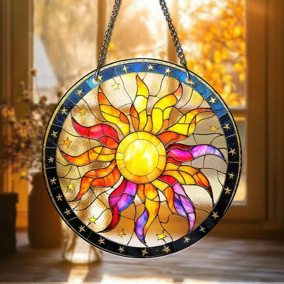 Boho Sun STAINED GLASS Suncatcher – Vibrant Celestial Sun Face Window Hanging – Colorful Sunburst Art Panel for Garden or Home Decor Gifts