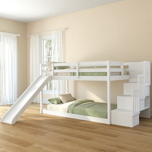 Bear Plywood Twin/Twin Low Bunk w/ Slide and Staircase, Brushed White