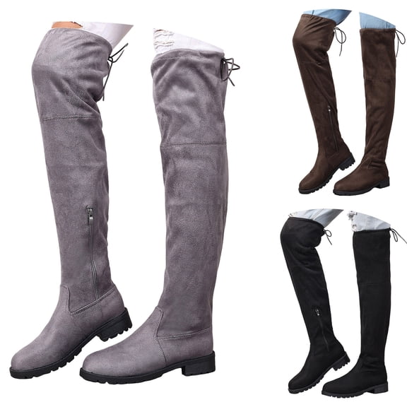 Pandaie Thigh High Over The Knee Boots for Women Low Block Heel Riding Boots Round Toe Stretch Walking Fall Winter Shoes Black 6