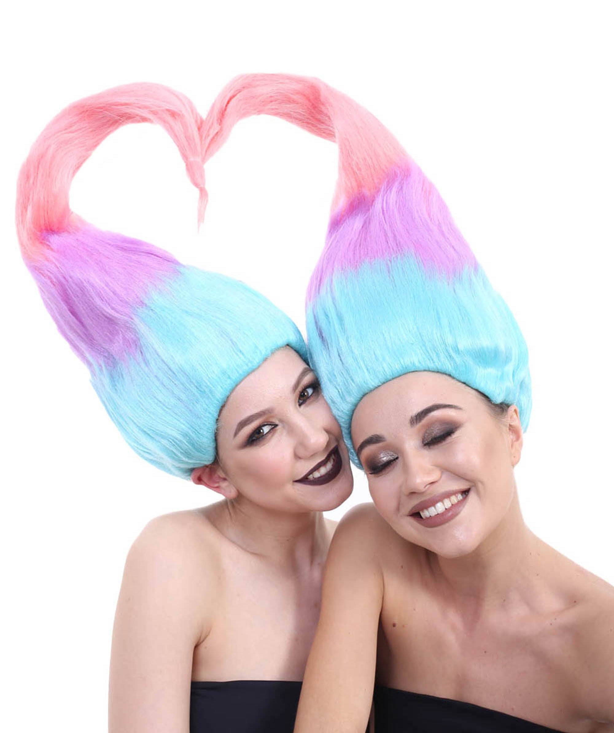 Women's Multicolor Twin Troll Wig for Adult, 60s Retro Rainbow Style Halloween Cosplay Costume