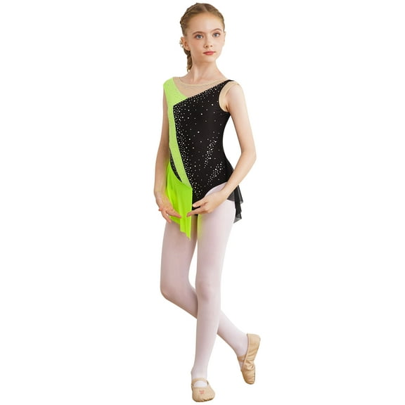 Xnihocha Figure Skating Dress for Girls Sleeveless Rhinestone Rhythmic Gymnastics Ballet Dance Leotard Fluorescent Yellow 6