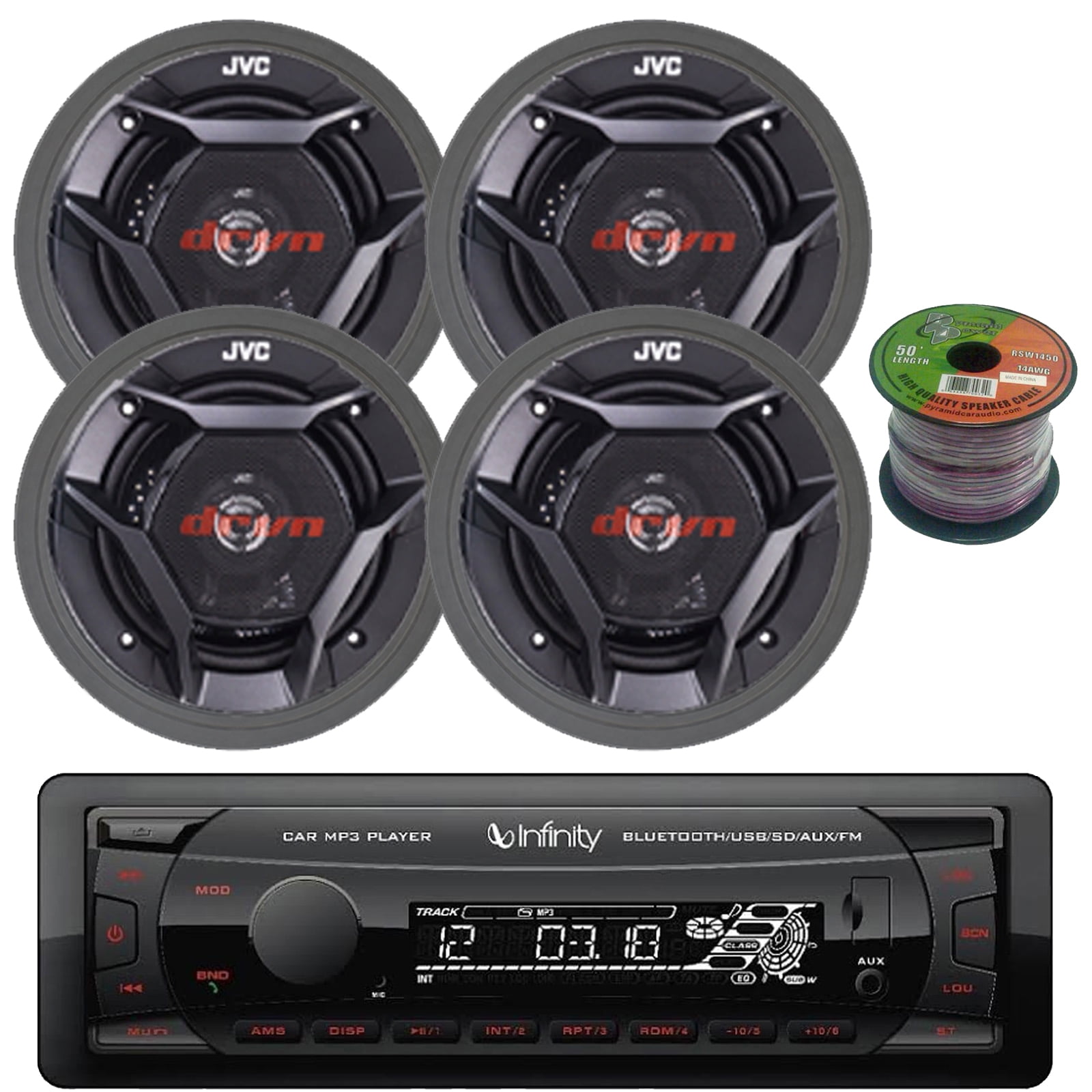 Infinity Alpha 100 Single DIN Bluetooth USB/AUX MP3 Player SD FM Radio Digital Media Car Audio Receiver, 4x 6.5" 300W Max 2-Way Speakers, 4x Adjustable Speaker Baffle, 50 Feet 14 Gauge Speaker Wire