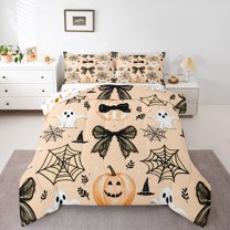 Manfei Happy Halloween Queen Comforter Set,Horror Ghost Spider Webs Bedding Sets,Orange Black Bedding Comforter Set For Boys Kids ,Luxury Bedroom Decor Reversible,3 Pieces