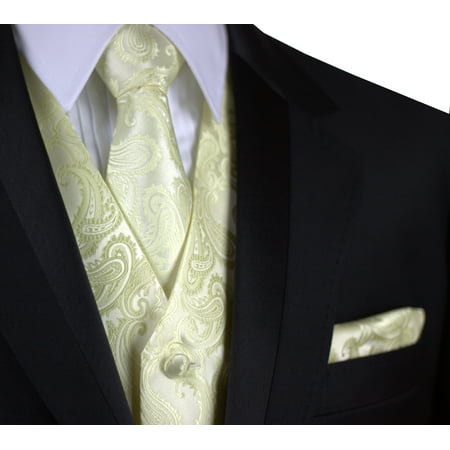 Italian Design, Men's Formal Tuxedo Vest, Tie & Hankie Set for Prom, Wedding, Cruise in Banana