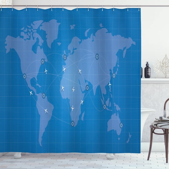 Ambesonne Airport Shower Curtain, Flight Routes on World Map, 69"Wx84"L, Sea Blue and Sky Blue