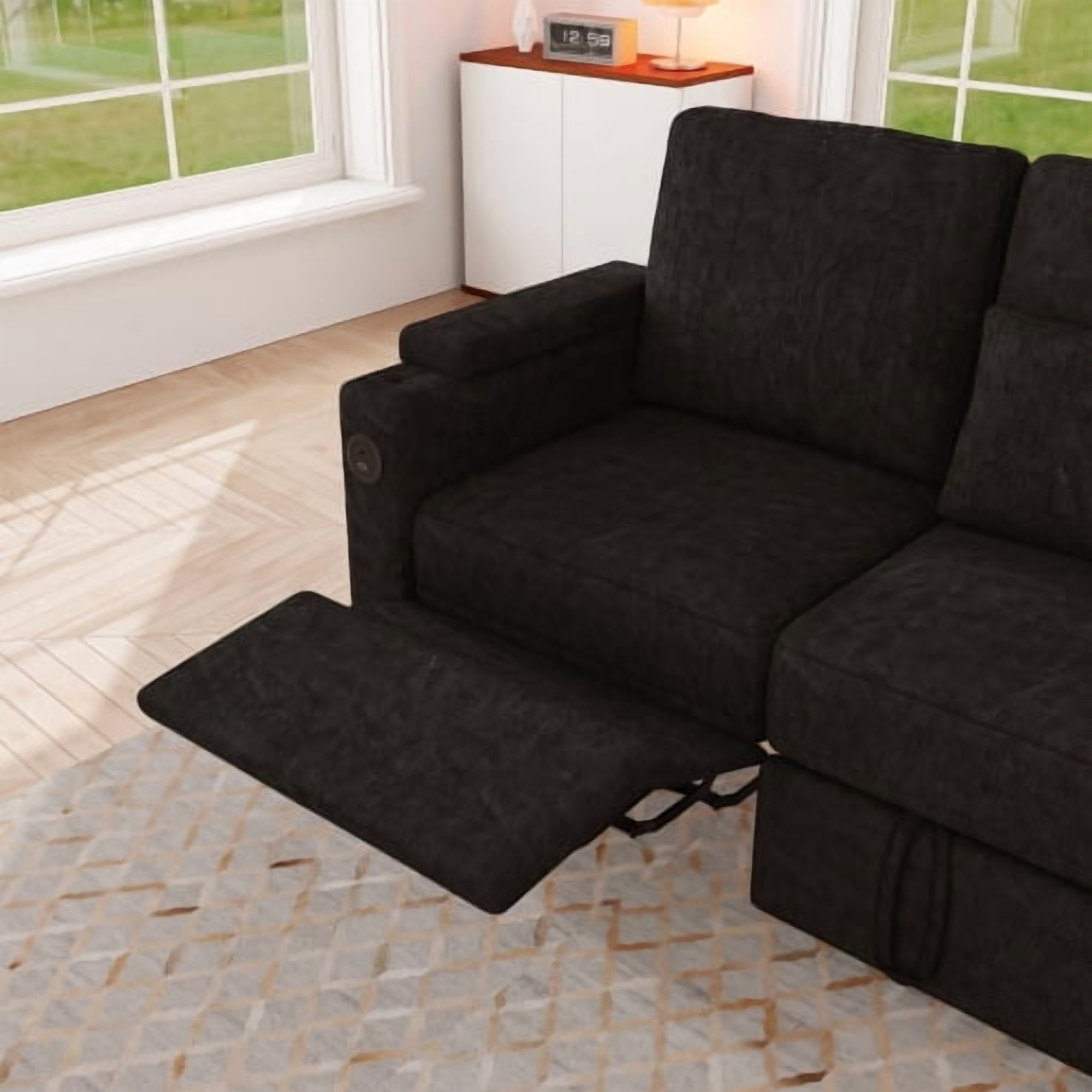 81" 3-in-1 Convertible Sofa Bed, Electric Recliner & Sleeper with Table, USB Ports, Storage Armrests, Chenille, 6 Adjustable Positions, Black