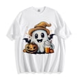 thumbnail image 5 of Mifsaly Womens Halloween Graphic T-Shirts Cute Ghost Family Witch Hat Pumpkin Print Crewneck Short Sleeve Tops Comfortable Loose Party Casual Fall Cotton Shirts White,L, 5 of 5