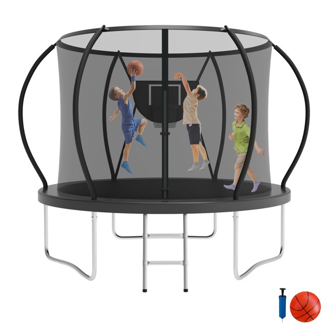 Jump Into Fun Trampoline, Trampoline de 8 Pi 800 Lb pour Adultes et Enfants, Trampoline avec Enceinte, Panier de Basketball et Ballon, Trampoline Extérieur Robuste en Forme de Citrouille