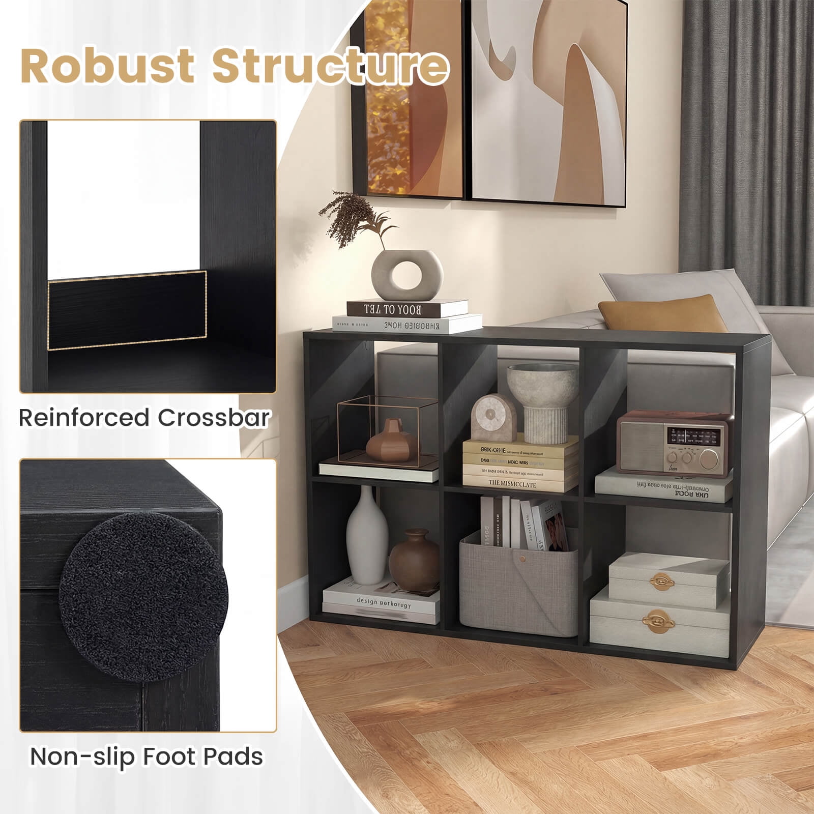 Costway 6-Cube Bookshelf, Modern Cubby Bookcase with Back Guardrail & Anti-tipping Kits Black