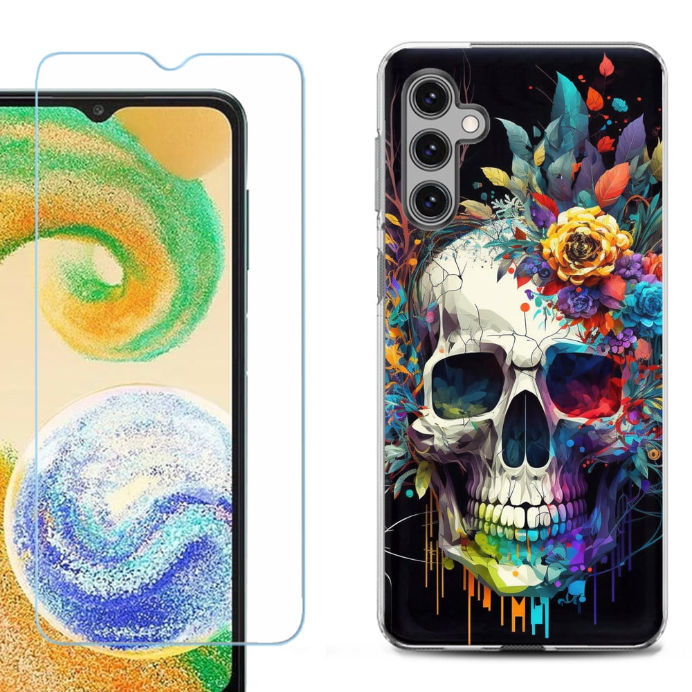 For Samsung Galaxy A16 5G Phone Case Cover, Shockproof Case with Tempered Glass Screen Protector, by OneToughShield - Skull Flower