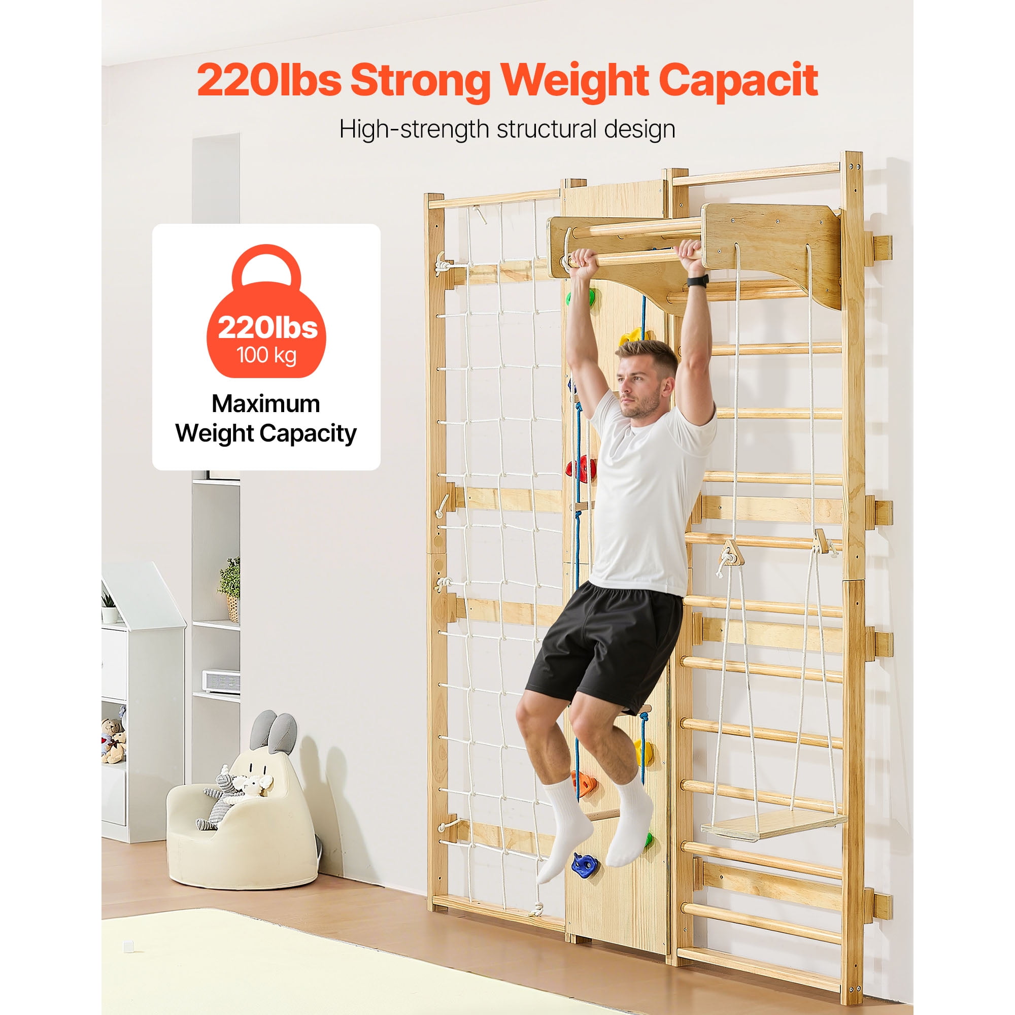 KFFKFF Swedish Ladder Wall Gym, 9-in-1 Adjustable Wooden Gymnastic Stall Bars for Kids and Adults, 220LBS Indoor Fitness Station with Climbing Wall, Rings, Pull-Up Bar, Slide, Swing, and More