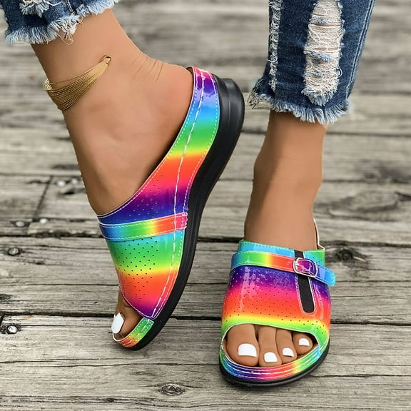 USSUMA Summer Slippers for Women Women's Fashion Casual Summer New Gradient Thick Bottom Hollow Open Toe Wedge Heel Beach Sandals Quick-On Patio Sandals Shop Savings
