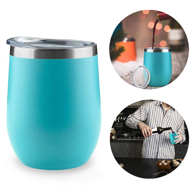 Vaso de vino sin tallo de acero inoxidable, paquete de 2 vasos de vino con aislamiento al vacío de doble pared para café, vino, cócteles, helado azul