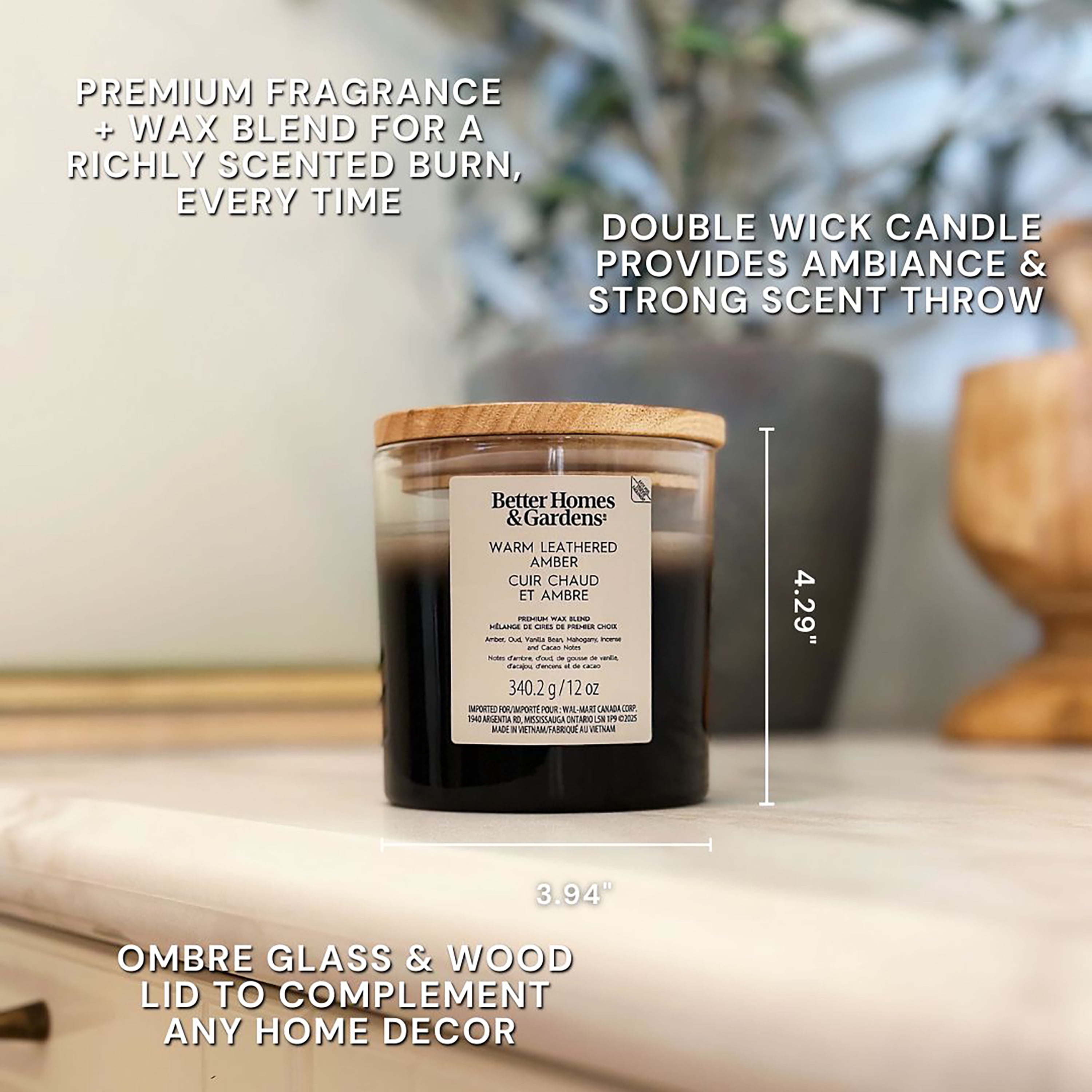 Bougie parfumée en pot ombré à 2 mèches à la cire de paraffine 12 oz Better Homes & Gardens, Cuir chaud et ambre Mélange de cire de paraffine