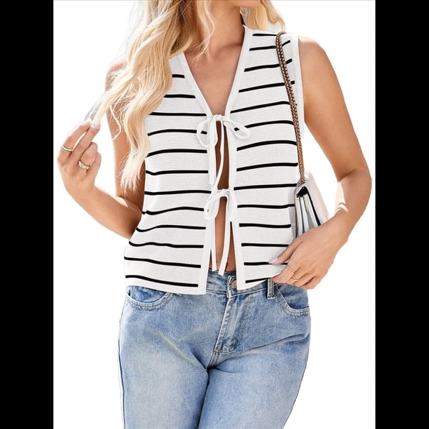 Suéter de Punto A Crochet para Mujer, Sin Mangas, con Cuello en V y Lazo Frontal, A Rayas, Estilo , para Verano 2025 S