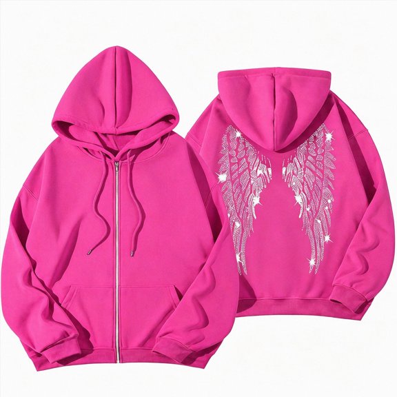 felwors Long Sleeve Zip-Up Rhinestone Angel Wing Hoodie Oversized Embellished Sweatshirt for Women Evening Casual Hot Pink for Size XL