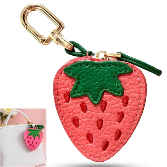 Tutuviw Strawberry Fruit Bag Charm Mini Coin Purse Keychain Cute Leather Zipper Organizer Small Strawberry Change Purse Backpack Decoration Handbag Accessories for Women Girls