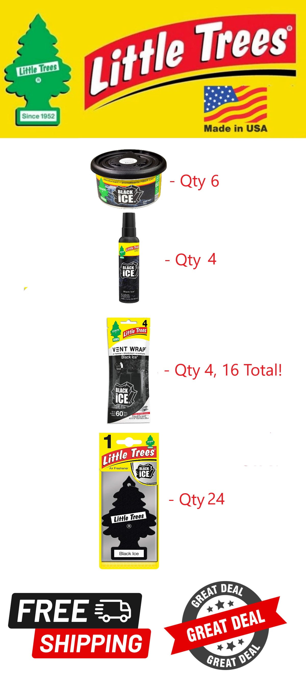 Little Trees Black Ice Air Freshener Fiber Cans Vent Wrap & Spray