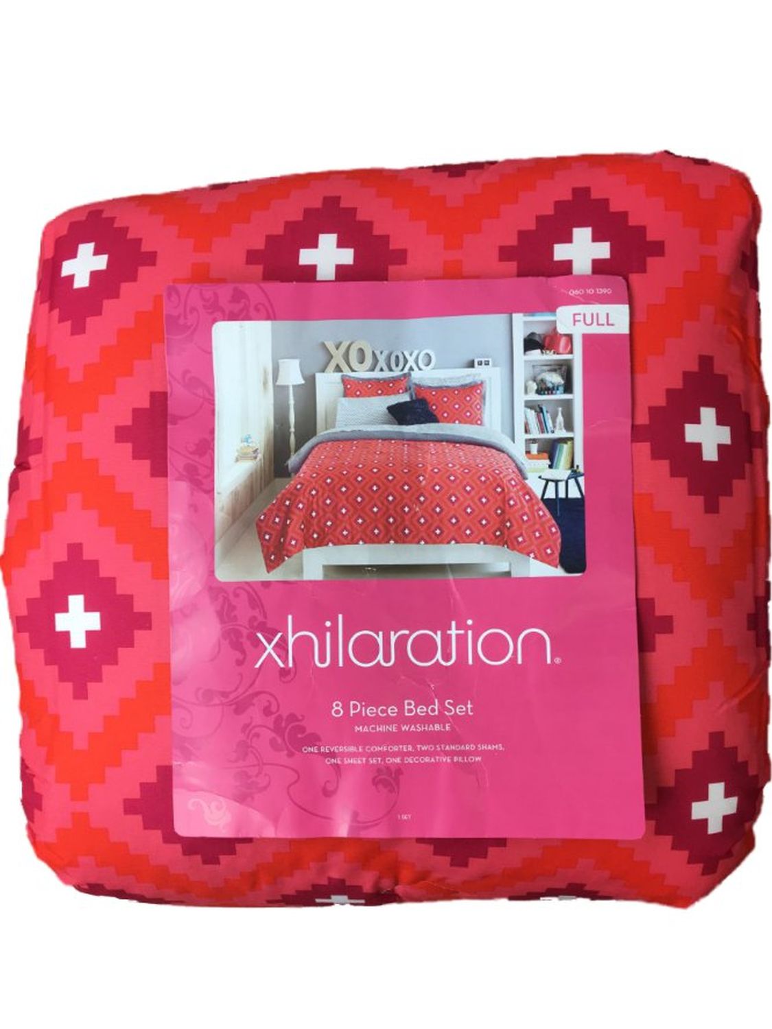 Full Bed In A Bag Coral & Pink Geometric Comforter Sheets Shams