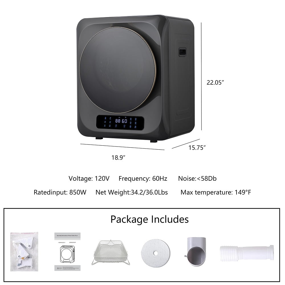 Portable Mini Cloth Dryer Machine FCC Certificate PTC Heating Tumble Dryer Electric Control Panel,Grey Body with Black Door,850W,for Home/Apartment/Dorms,UV Sterilizaiton,Digital Touch Panel