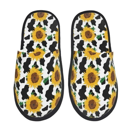 Balery Cute Cow Print Sunflower B Slient Indoor Furry Fleece Comfort House Shoes Soft Non-Slip Home Shoes Cotton slippers House Slippers-- Medium