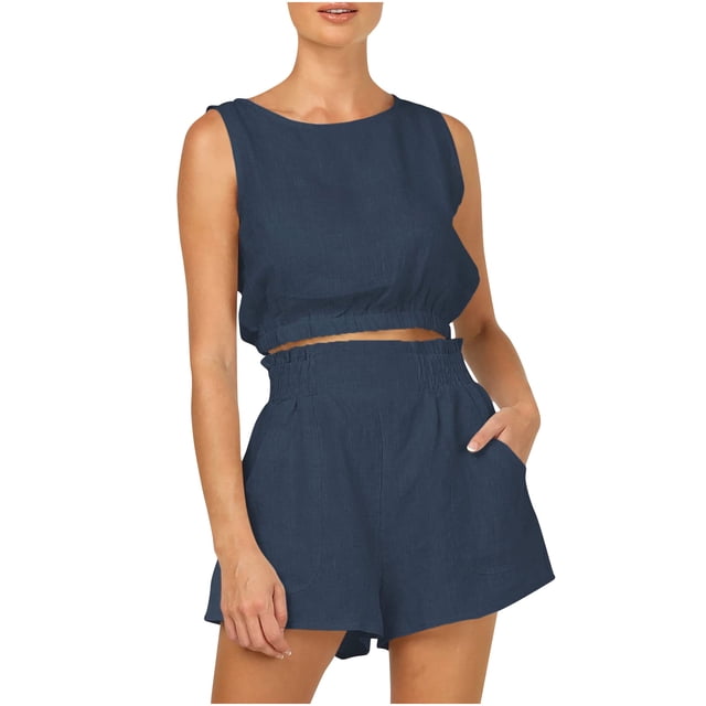 Tenues d'Été 2 Pcs en Coton et Lin pour Femmes Décontractées Col Rond Sans Manches Crop Tops Shorts Taille Haute Ensembles de Survêtements