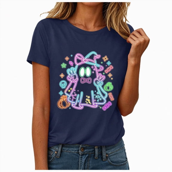 NOLDARES Halloween Shirt for Women Funny Ghost Costume Tshirts Halloween Short Sleeve Graphic Tee Tops(Navy,S)