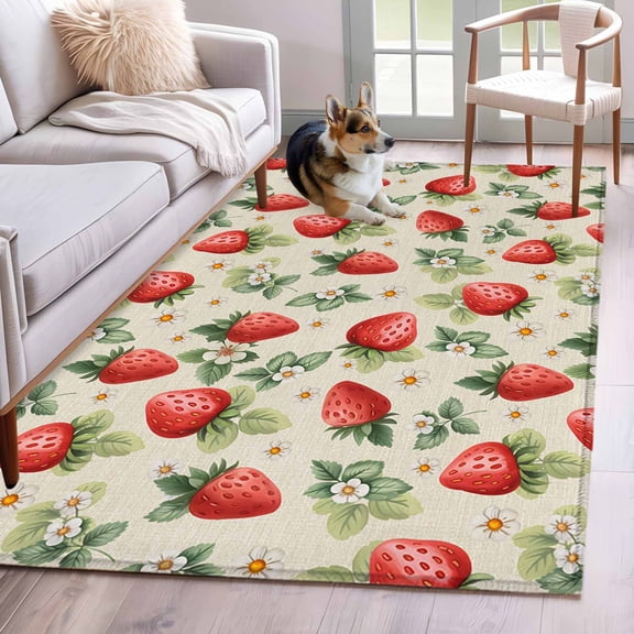 Area Rug for Living Room, Red Strawberry Non-Slip Indoor Large Carpet for Bedroom/Dining Room, Summer Fruits Farmhouse Leaves Floral Retro Washable Low-Profile Floor Mat Runner Rugs - 2.7 x 5 Ft