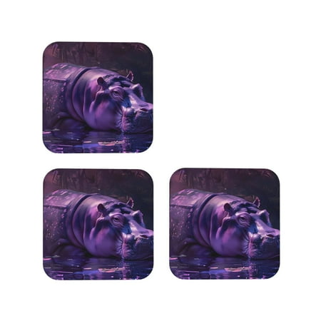 

Tebeau Purple Hippo In Water Print Set of 4 Leather Drink Coasters Round Cup Mat Pad for Home and Kitchen Use 4 -Square
