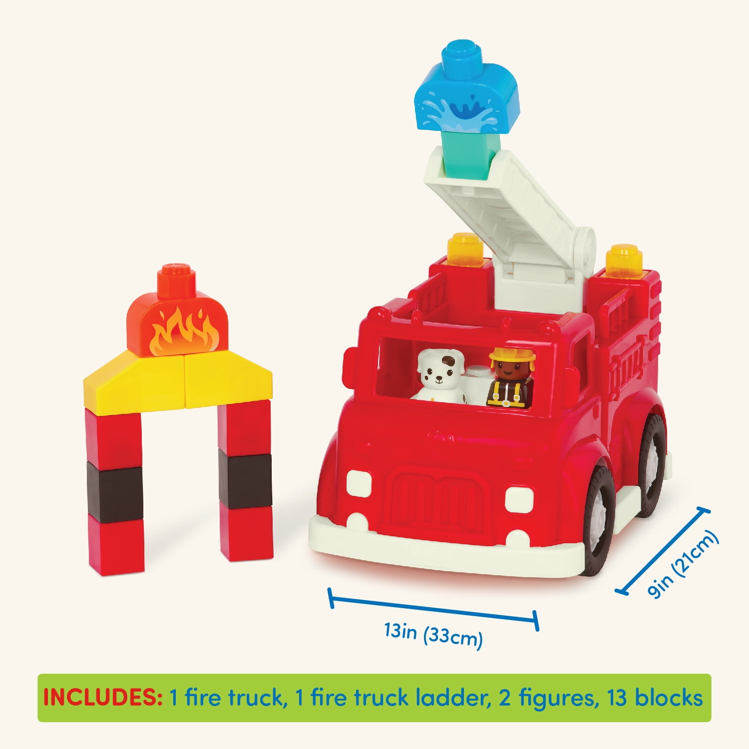 Battat Fire Engine Red Toy Truck with 13 Blocks and 2 Figurines, Toddler and Preschool Toys