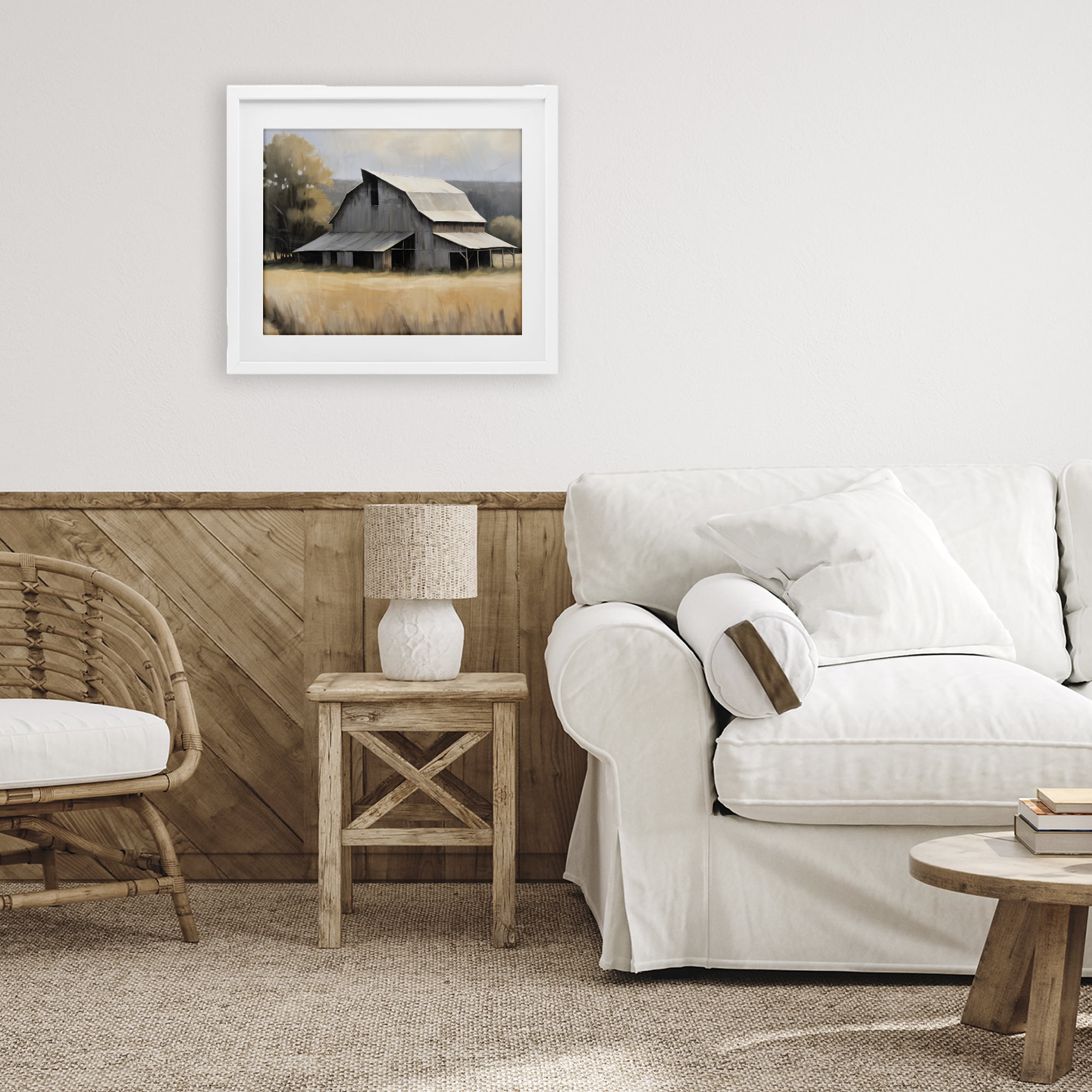 Stupell Industries In The Field Farm Structure White Framed Print Under Glass, design by Kim Allen